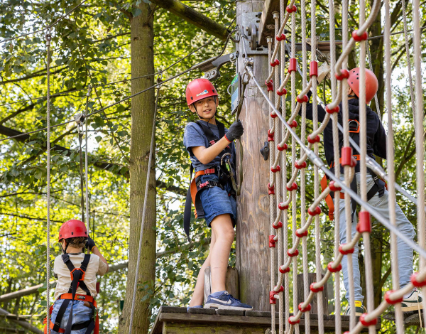 Drei Kinder klettern an einem groen Kletternetz